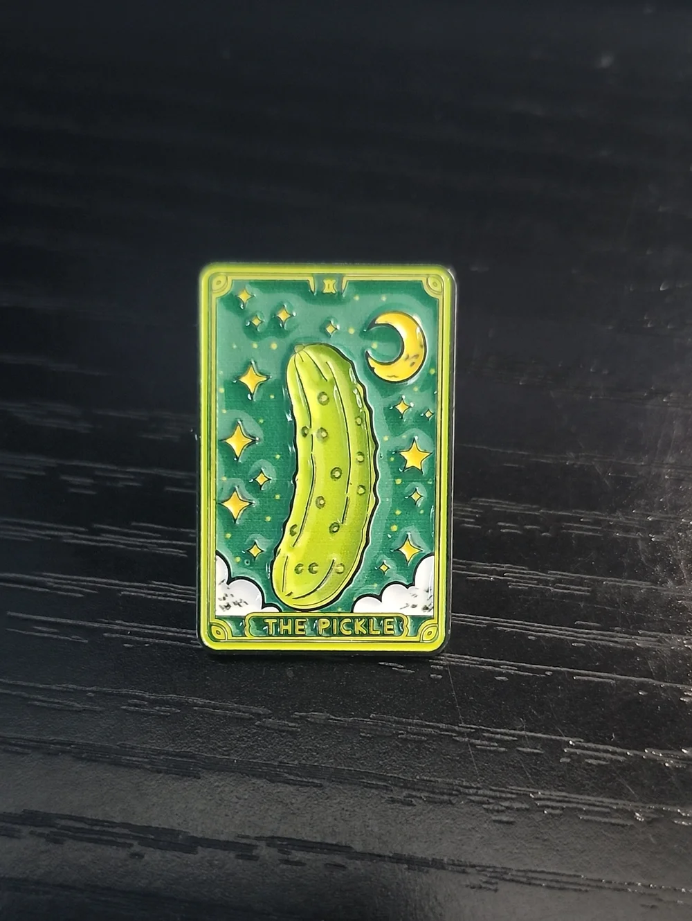 The Pickle Tarot Card Enamel Pin — Green & Yellow
